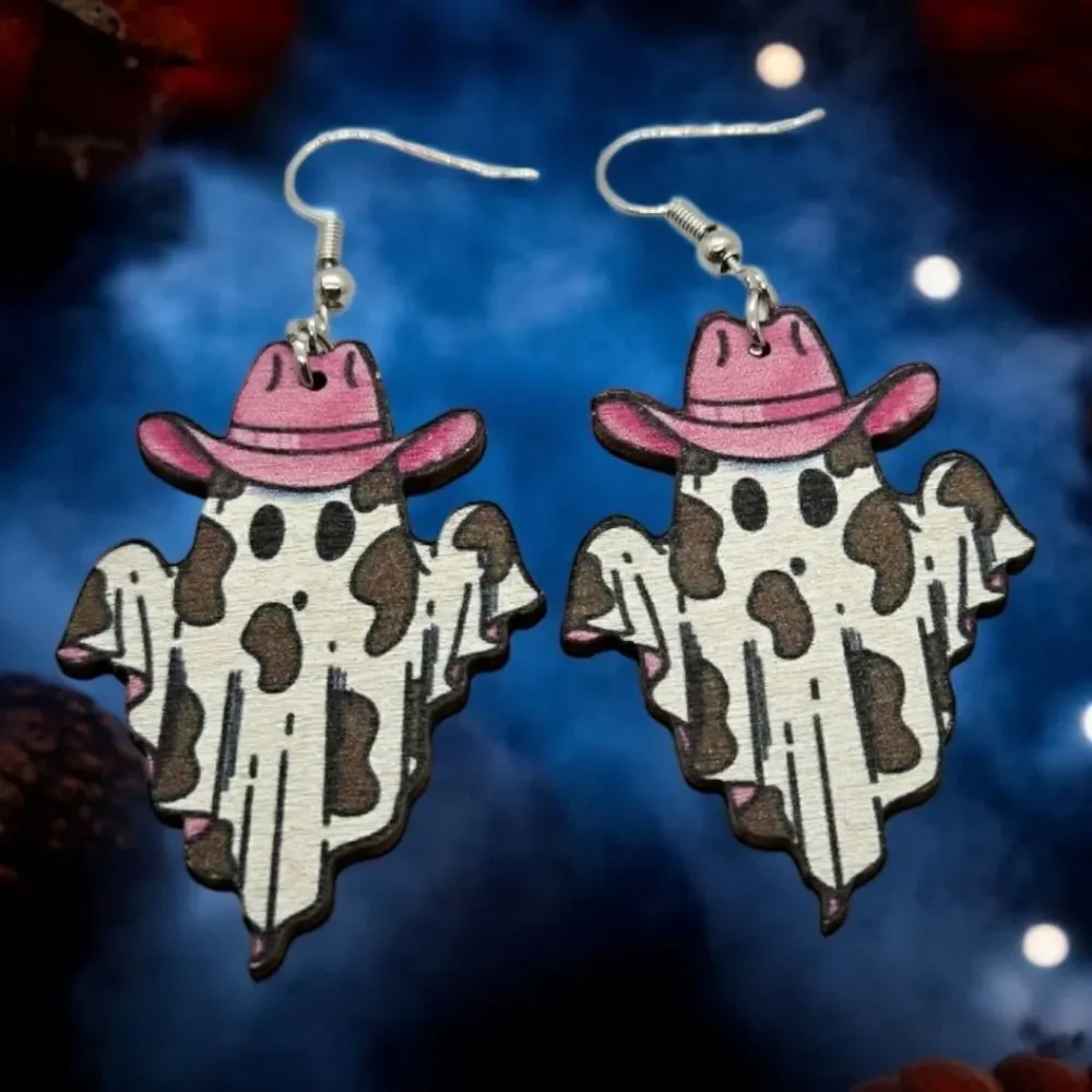 Cowboy Ghost Earrings Cute Spooky Halloween Jewelry Wooden Dangle Gothic Western